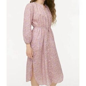 J. Crew Cotton Voile Midi Dress Size 14 Purple Paisley Tie Waist Pockets Lined